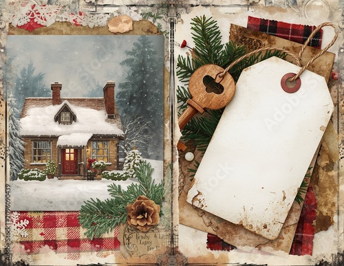 Vintage Christmas collage featuring a snowy cabin scene and blank rustic gift tag copy space