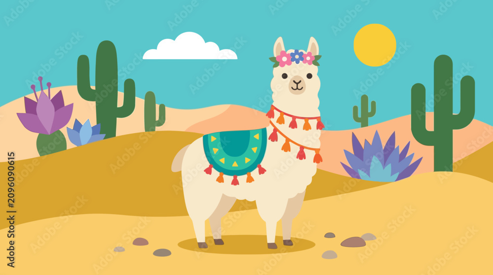 Fototapeta premium A cartoon llama in desert landscape.