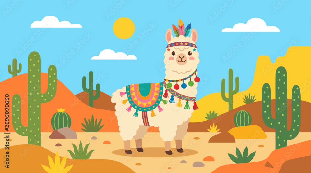 Fototapeta premium A colorful llama in desert landscape.