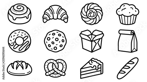 Schilderij op canvas Bakery Icons: Assortment of Delicious Pastries and Baked Goods in Outline Style