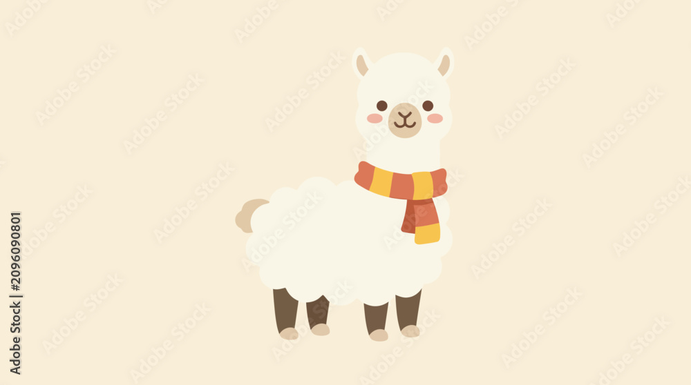 Fototapeta premium Cute cartoon llama wearing colorful scarf.