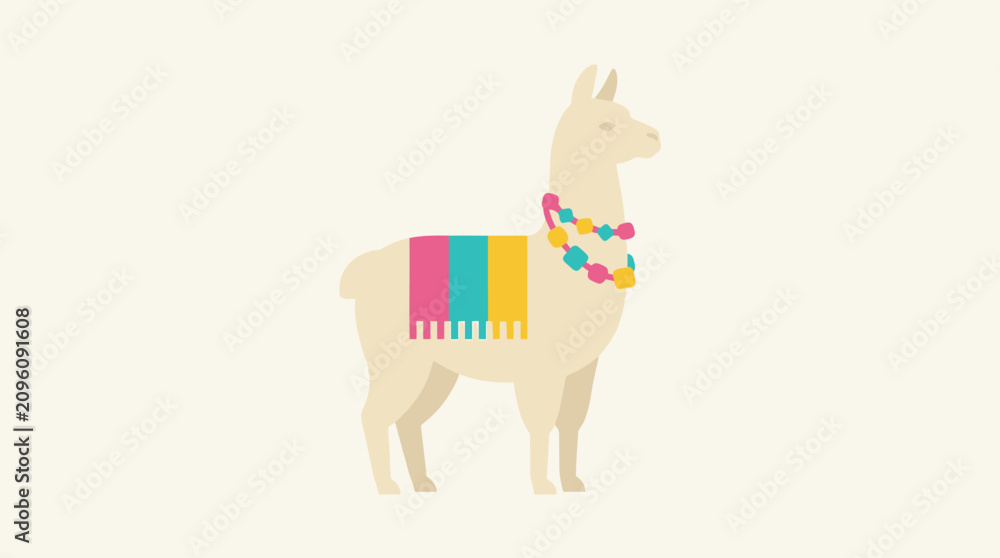 Fototapeta premium Colorful llama with decorative accessories standing alone.