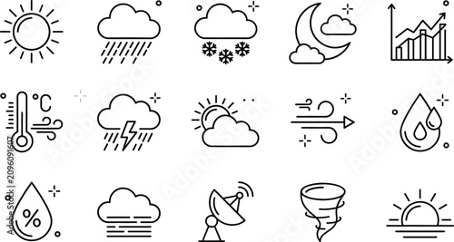 Weather forecast line icon set with sun rain snow thermometer wind tornado humidity clouds and meteorology prediction symbols
