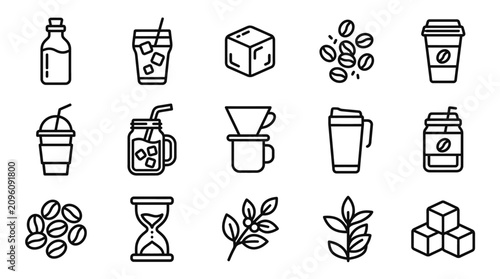 Foto Coffee Icons Set: Drinks, Beans, Brewing, and Sugar Cubes