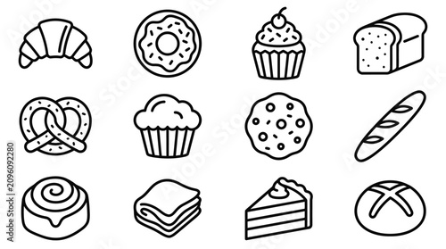 Bakery Icons: Croissant, Donut, Muffin, Bread, Pretzel, Cookie, Baguette, Cinnamon Roll