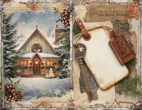 Vintage winter cottage scene with snow evergreen trees and antique key with blank tag