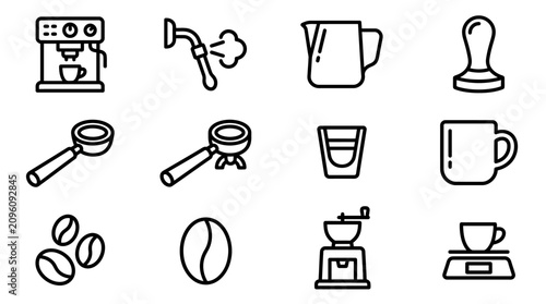 Foto Coffee Making Icons: Espresso Machine, Grinder, Tamper, Beans, Cup, Portafilter,