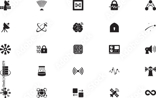 Collection of Various Technology and Communication Icons with Transparent Backgrounds for Digital Use