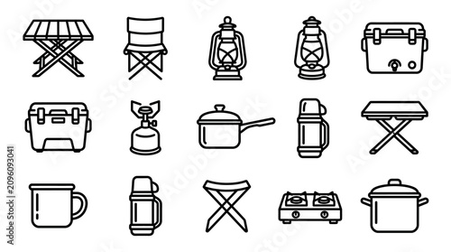 Camping Gear Icons: Folding Table, Chair, Lantern, Cooler, Stove, Pot, Mug, Thermos