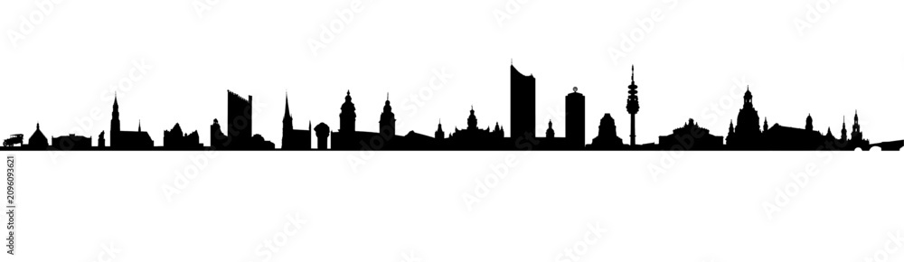 Obraz premium Black city skyline silhouette featuring urban landmarks from Saxony including Zwickau, Chemnitz, Leipzig, and Dresden and East German cityscape vector illustration