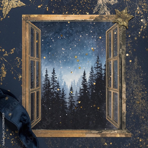 Open window view onto a dark forest under a starry blue winter night sky