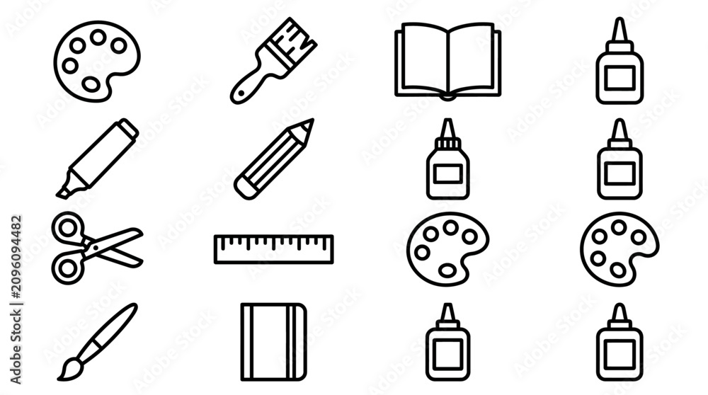 Obraz premium Art Supplies Icons: Paint Palette, Brush, Scissors, Pencil, Glue, Book, Ruler