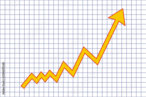 Yellow upward arrow chart with red outline on blue squared grid paper background. Business concept of financial growth, success, profit increase or recovery
