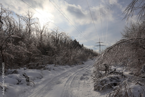Winter landscape with power lines in boyarka, kyiv region