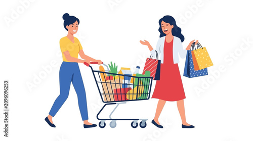 Foto Two happy women walking together while shopping for groceries at the local store