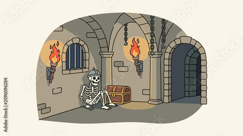 Foto Cartoon skeleton sitting next to a treasure chest in a medieval dungeon