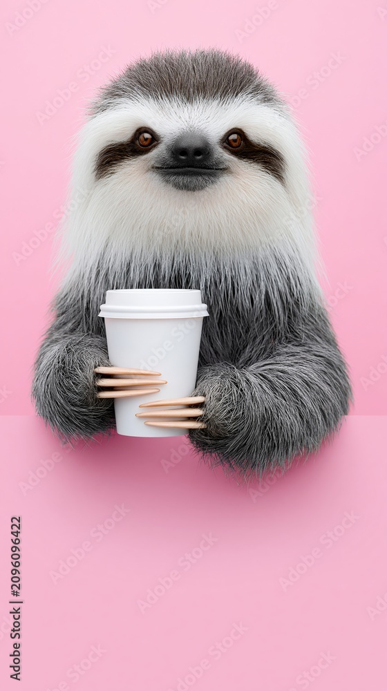 Obraz premium Sloth holding takeaway cup against plain pink background