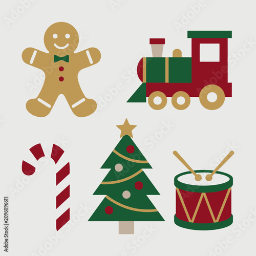 Set of flat Christmas holiday icons including gingerbread man and tree