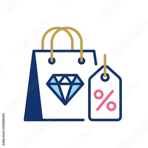 Shopping bag with diamond icon and percentage discount tag for sales