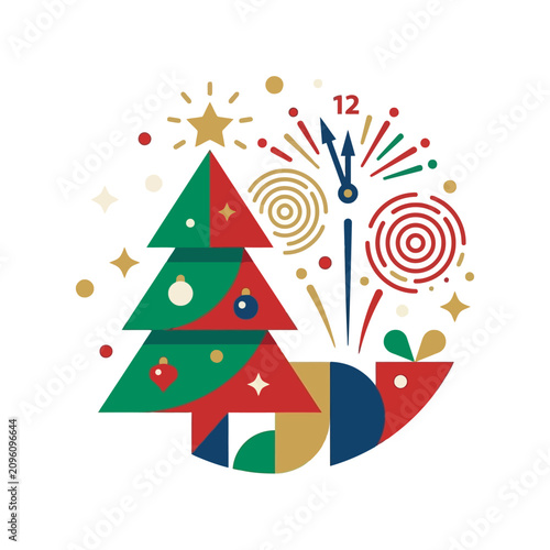 Stylized Christmas tree and New Year clock showing midnight with festive fireworks