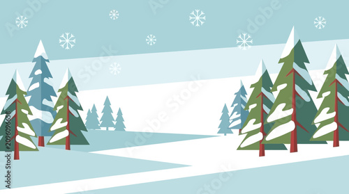 Snow falls gently over a peaceful forest of evergreen pine trees