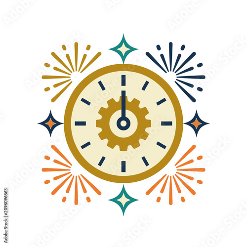 Stylized mid century modern clock striking midnight with festive fireworks and stars