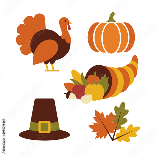 Set of Thanksgiving vector icons including turkey, pumpkin and cornucopia