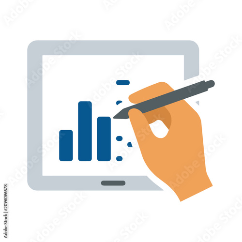 Vector icon of a hand drawing a bar chart on a digital tablet