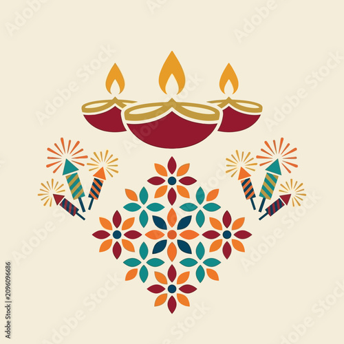 Traditional Diwali greeting card with burning diyas, firecrackers and rangoli pattern