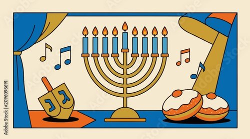 Traditional Hanukkah celebration with menorah, dreidel and delicious sufganiyot