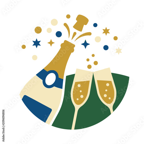Vector illustration of a popping champagne bottle and two glasses