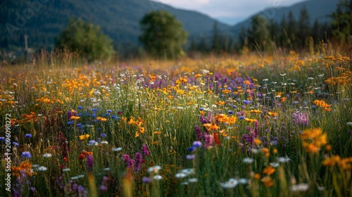 A vibrant meadow explodes with wildflowers, framed by forested mountains under a soft sky