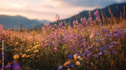A field of wildflowers blooms under a warm, golden sunset with mountains in the distance, creating a serene landscape