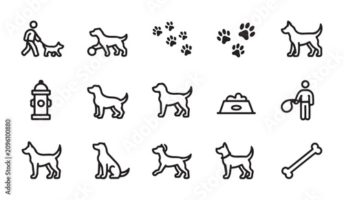 Canvas Print Dog care and walking icons set including footprints pets food bone and grooming elements