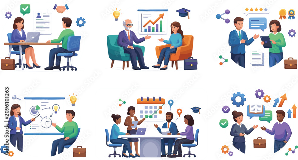 Fototapeta premium Business Consulting and Professional Development Isometric Collection Featuring Career Coaching Interviews Team Meetings and Corporate Training Vector