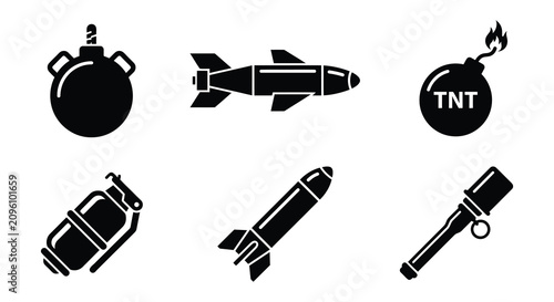 Fotografie Explosives And Detonations Black Silhouette Vector Illustrations On White