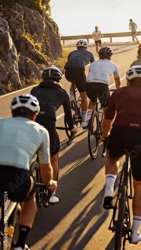 Vertical video: Following cyclist in blue jersey pedaling up coastal road group keeping paceline