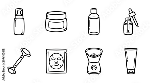 Cuadro en lienzo Hand-drawn skincare icons: serum, cream, toner, face roller, mask, steamer, clea