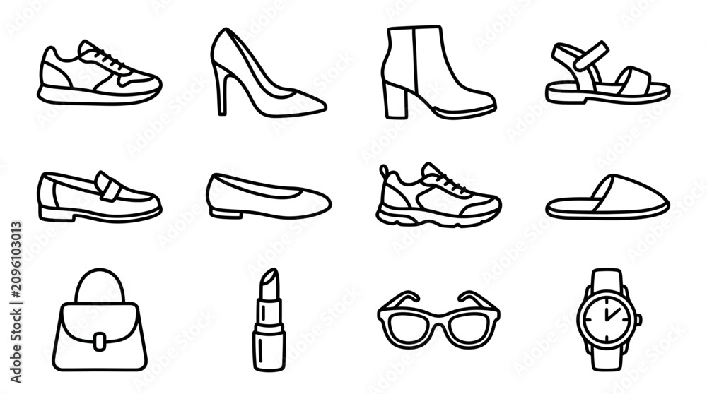 Obraz premium Fashion Accessories and Footwear Icons Set: Shoes, Bag, Lipstick, Sunglasses, Watch