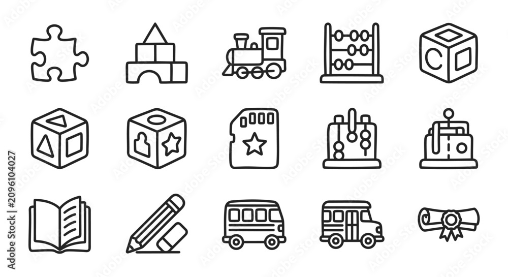 Fototapeta premium Collection of hand-drawn kindergarten and preschool toys and learning icons