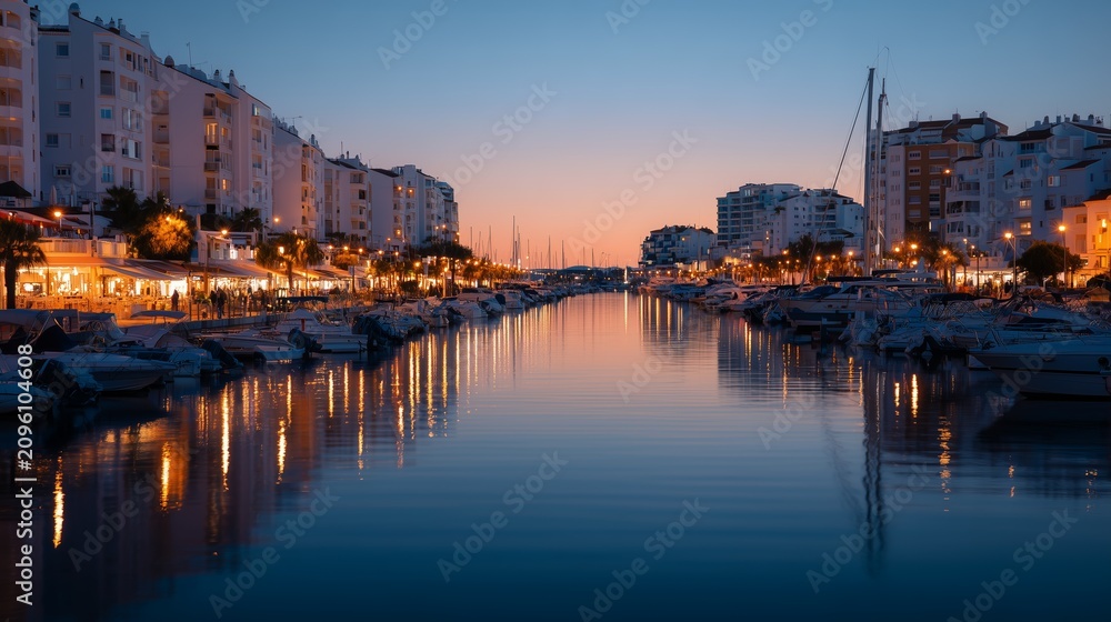 Fototapeta premium A serene marina scene at dusk featuring boats and an illuminated promenade with buildings reflecting in calm waters.