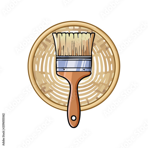 Paintbrush icon with wood handle and bristles in front of a woven circle background