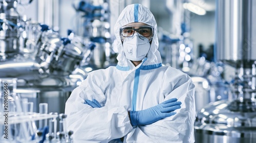 Professional scientist wearing full protective equipment inside a modern pharmaceutical production facility ensuring sterile manufacturing and quality control