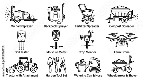 Tableau sur toile Farming and Gardening Tools Icons: Sprayers, Drones, Tractors, and More
