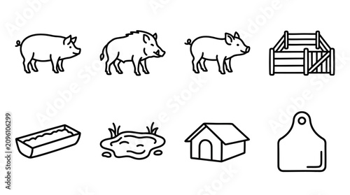 Fotografie Farm Animal Icons: Pigs, Pen, Feeder, Pond, Shelter, Tag - Line Art Set