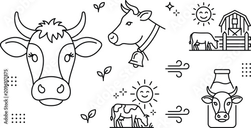 Photos Cow head farm milk icon vector set with barn house grazing cattle and sun isolat