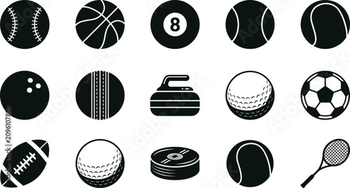 Foto Sports ball and equipment icon set with baseball, basketball, soccer, tennis, go