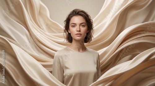 Young woman posing in front of flowing beige fabric waves in studio