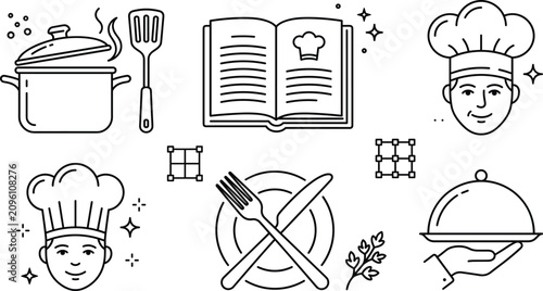 Fotografie Cooking and kitchen icon set with chef hat recipe book pot platter fork knife ve
