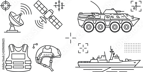 Obraz na plátně Military defense technology line icon set vector elements for army warfare navy